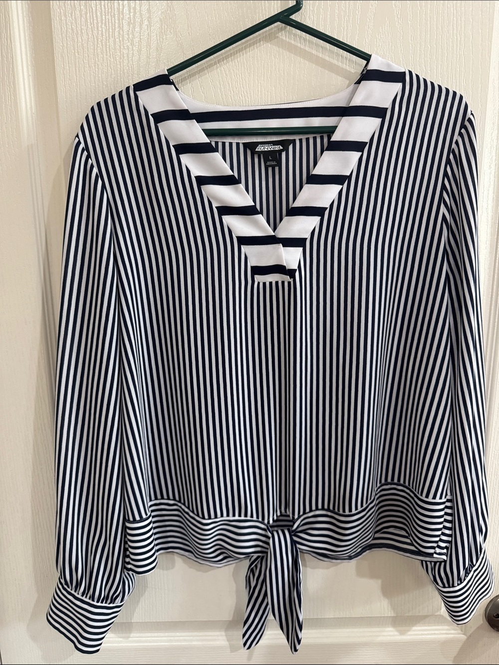 project RUNWAY Navy and White Striped Tie-Front V-Neck Blouse